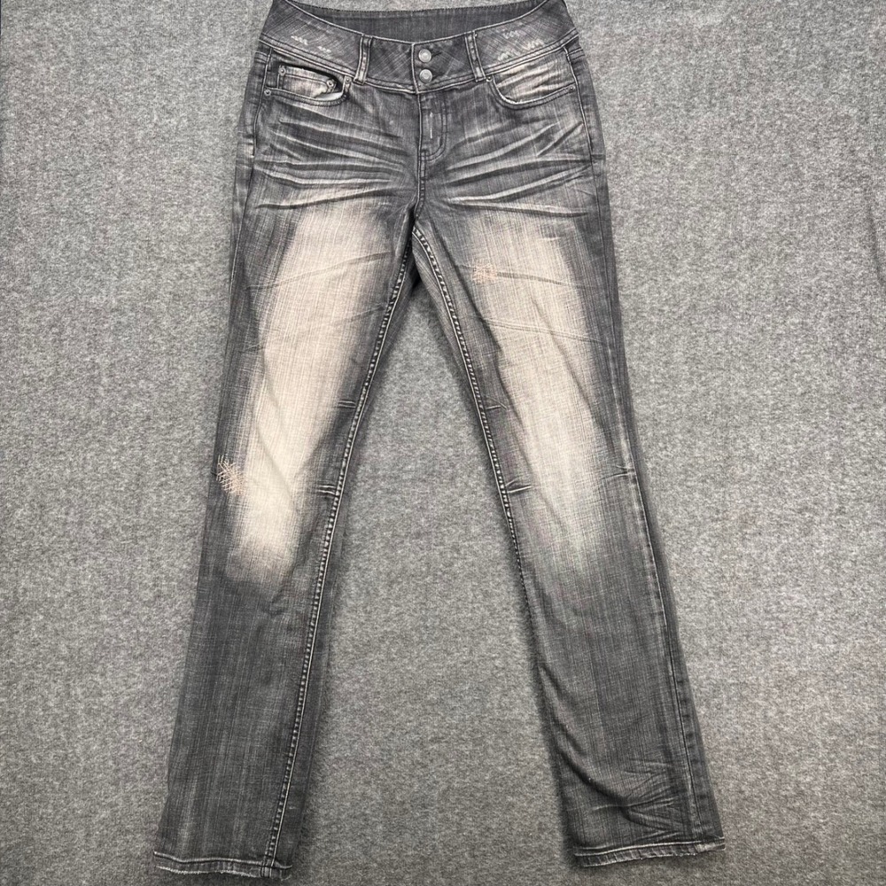 Womens Black Acid Wash Low Rise Bootcut Jeans Stretch Whiskered Size 10